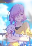  ;d animal blurry blurry_background cloud collarbone day fate/grand_order fate_(series) fou_(fate/grand_order) hair_over_one_eye holding holding_animal looking_at_viewer mash_kyrielight one_eye_closed open_mouth outdoors purple_eyes purple_hair ribbon shirt short_hair short_sleeves sky smile solo upper_body yeh_(354162698) yellow_ribbon yellow_shirt 