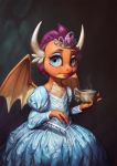  2018 anthro assasinmonkey clothing cup dragon dress eyeshadow female friendship_is_magic hi_res horn looking_at_viewer makeup membranous_wings my_little_pony smolder_(mlp) solo tea_cup wings 