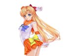  aino_minako arion_canvas arm_up ass back_bow bishoujo_senshi_sailor_moon blonde_hair blue_eyes blue_neckwear bow bowtie breasts choker circlet collarbone cowboy_shot elbow_gloves floating_hair from_side gloves hair_bow large_bow long_hair looking_at_viewer medium_breasts miniskirt orange_choker orange_sailor_collar orange_skirt parted_lips pleated_skirt red_bow sailor_collar sailor_senshi_uniform sailor_venus shirt skirt solo standing transparent_background twisted_torso very_long_hair white_gloves white_shirt yellow_bow 