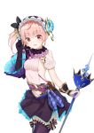  :d absurdres atelier_(series) atelier_lydie_&amp;_suelle blush breasts eyebrows_visible_through_hair hairband head_tilt highres holding holding_staff juujuu looking_at_viewer lydie_marlen medium_breasts open_mouth pink_eyes pink_hair side_ponytail simple_background skirt smile solo staff thighhighs white_background 