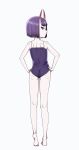  1girl bare_arms bare_legs bare_shoulders closed_mouth fate/grand_order fate_(series) female from_behind full_body nopear one-piece_swimsuit oni_horns purple_hair short_hair shuten_douji_(fate/grand_order) simple_background smile solo standing swimsuit 