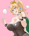  andou_ryuu bare_shoulders black_dress blonde_hair blue_eyes blush bowsette bracelet breasts breath claw_pose cleavage collar commentary_request crown dress earrings gem horns jewelry large_breasts long_hair mario_(series) new_super_mario_bros._u_deluxe ponytail sharp_teeth spiked_bracelet spiked_collar spikes strapless strapless_dress super_crown super_mario_bros. sweat teeth turtle_shell upper_body 