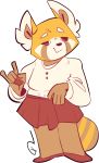  2018 5_fingers aggressive_retsuko alpha_channel anthro brown_fur brown_stripes clothed clothing devil_horns digital_media_(artwork) eyes_closed facial_markings female footwear fur kateboat mammal markings orange_fur portrait red_clothing red_panda retsuko shirt shoes signature skirt smile solo standing striped_fur striped_tail stripes sweat white_clothing white_fur 