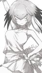  :| arm_up bangs bare_shoulders bouncing_breasts breasts cheerleader closed_mouth eyebrows_visible_through_hair greyscale guchico hair_between_eyes hand_on_hip highres kemono_friends large_breasts long_hair low_ponytail midriff_peek monochrome navel pleated_skirt pom_poms shirt shoebill_(kemono_friends) side_ponytail skirt sleeveless sleeveless_shirt solo v-shaped_eyebrows 