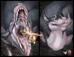  ambiguous_gender ambiguous_pred animal_genitalia anthro apoptosis balls blue_eyes canine dragon duo embers_(character) falling fennec feral fox gaping_mouth hi_res long_tongue male male_prey mammal mouth_shot oral_vore saliva sheath teeth throat tongue tongue_out vore 