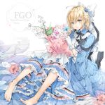  :o absurdres ahoge bangs barefoot blonde_hair blue_dress blue_flower blue_rose bouquet bow c.reo character_name copyright_name dress eyes_visible_through_hair fate/grand_order fate_(series) flower frilled_dress frills gloves hair_between_eyes hair_bow hair_flower hair_ornament hair_over_one_eye highres holding holding_bouquet knees_up koha-ace lily_of_the_valley lolita_fashion long_sleeves looking_at_viewer necktie okita_souji_(fate) okita_souji_(fate)_(all) open_mouth ponytail rose short_hair sitting solo striped tied_hair vertical-striped_dress vertical_stripes white_bow white_gloves 