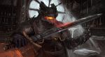  2018 5_fingers anthro black_scales blacksmith clothed clothing detailed_background digital_media_(artwork) dragon holding_object holding_weapon horn male melee_weapon open_mouth scales sword themefinland weapon 