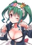  ;3 breasts cleavage crown eyebrows_visible_through_hair frills green_hair hairband konnyaku_(kk-monmon) kuroi_ginko large_breasts long_hair long_sleeves looking_at_viewer maid medium_hair mini_crown paw_pose planet_with puffy_sleeves red_eyes sidelocks simple_background solo tilted_headwear twintails upper_body white_background 