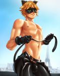  1boy animal_ears blonde_hair bludwing green_eyes male_focus mask miraculous_ladybug nipples outdoors smile solo sweat tail undressing 