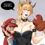  1boy 1girl blonde_hair blue_eyes blush bowser bowsette breast_press breasts cleavage english food highres large_breasts mario mario_(series) meat new_super_marisa_land nintendo ragecndy sharp_teeth solo speech_bubble super_mario teeth text_focus tongue tongue_out 
