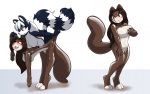  5_fingers anthro blush breasts duo eyeshadow female female/female helixjack living_costume makeup mammal mephitid rubber sequence shiny simple_background skunk transformation what white_background 