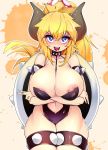  areola_slip areolae arms_under_breasts bad_id bad_twitter_id bare_arms bare_shoulders between_breasts black_leotard black_lipstick blonde_hair blue_eyes blush borrowed_design bowsette bracelet breast_hold breasts cleavage collar commentary crown eyeshadow fangs highleg highleg_leotard highres horns huge_breasts jewelry leotard lipstick long_ponytail looking_at_viewer makeup mario_(series) navel navel_cutout new_super_mario_bros._u_deluxe nipple_slip nipples open_mouth ponytail sidelocks slugbox smile spiked_armlet spiked_collar spiked_shell spiked_thighlet spikes super_crown super_mario_bros. sweat thighlet v white_pupils 