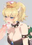  1girl blonde_hair blush bowser bowsette breasts cleavage crown dress erection fellatio heart highres horns large_breasts mario_(series) mushroom nas_(z666ful) new_super_mario_bros._u_deluxe nintendo open_mouth oral penis penis_on_face ponytail saliva saliva_trail spike strapless strapless_dress super_mario tongue tongue_out 