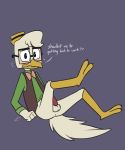  2018 anthro anus avian bird blush bottomless bow_tie butt chicken claws clothed clothing dialogue disney ducktales english_text erection eyewear feathers fist flying_sweatdrops glasses grey_background gyro_gearloose hair hat long_sleeve looking_at_viewer male penis question raised_leg shy signature simple_background slimykappa solo sweat sweatdrop tail_feathers talons teeth text vest white_feathers 