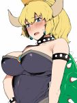  :o arm_at_side armlet bare_shoulders black_dress blonde_hair blue_eyes blush bowsette bracelet breasts collar crown dress earrings fang hai_ookami highres horns jewelry large_breasts mario_(series) md5_mismatch new_super_mario_bros._u_deluxe ponytail shell spiked_armlet spiked_bracelet spiked_collar spikes standing super_crown super_mario_bros. upper_body white_background 