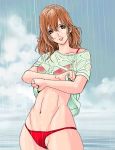  bikini black_eyes blue_sky brown_hair cloud commentary_request day groin hair_between_eyes highres katayama_makoto long_hair looking_at_viewer midriff navel nib_pen_(medium) parted_lips rain red_bikini see-through sky standing swimsuit traditional_media undressing wet 