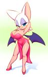  2018 anthro bat bat_wings big_breasts black_nose blue_eyes blue_eyeshadow breasts clothed clothing cosplay disney dress eyeshadow female footwear fur gloves green_eyes hair high_heels jessica_rabbit makeup mammal membranous_wings nitro pose rouge_the_bat shoes short_stack skimpy smile solo sonic_(series) video_games white_fur who_framed_roger_rabbit wings 