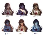  absurdres blue_eyes bow bowtie breasts brown_hair cleavage collarbone dress_shirt earrings head_tilt highres ichinose_shiki idolmaster idolmaster_cinderella_girls jewelry long_hair looking_at_viewer loose_bowtie medium_breasts multiple_views shirt sketch sweater tomato_omurice_melon translation_request wavy_hair white_background 