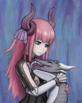  absurdres artist_name asymmetrical_horns bad_anatomy bangs blue_eyes blush closed_eyes closed_mouth curled_horns dated dragon dragon_horns elizabeth_bathory_(fate) elizabeth_bathory_(fate)_(all) fate/grand_order fate_(series) half-closed_eyes highres holding horns hug klifflod long_hair looking_at_animal looking_down pink_hair pointy_ears purple_horns scales self_upload sharp_teeth simple_background slit_pupils smile solo straight_hair teeth upper_body very_long_hair western_dragon 