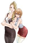  arm_hug bare_shoulders between_breasts blonde_hair bra bra_peek breasts buckle buttons collarbone crossed_arms dress drill_hair frilled_shirt_collar frills glasses hair_over_one_eye head_on_another's_shoulder highres katayama_makoto lips long_hair looking_at_viewer medium_breasts multiple_girls nail_polish nib_pen_(medium) orange_hair original pantyhose pencil_skirt pink_bra pink_lips pink_nails red-framed_eyewear red_skirt shirt short_hair sidelocks simple_background skirt sleeveless sleeveless_dress sleeveless_shirt standing striped thighhighs traditional_media turtleneck underwear vertical_stripes yuri zettai_ryouiki 