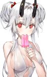  alternate_hairstyle breasts cleavage collarbone commentary_request double_bun eating fate/grand_order fate_(series) food hair_between_eyes hair_ribbon hair_up highres large_breasts looking_at_viewer no_pupils one-piece_swimsuit oni_horns popsicle red_eyes red_ribbon ribbon silver_hair sketch solo swimsuit tomoe_gozen_(fate/grand_order) upper_body white_background white_swimsuit yuuko_(030_yuko) 