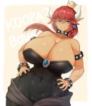  alternate_color bare_shoulders black_dress black_nails blue_eyes bowsette breasts cameltoe cleavage collar commentary_request covered_navel crown curvy dark_skin dress earrings grin hands_on_hips highres horns huge_breasts jewelry looking_at_viewer mario_(series) nail_polish new_super_mario_bros._u_deluxe pointy_ears raised_eyebrow red_hair sash sharp_teeth sinensian smile solo spiked_armlet spiked_collar spikes super_crown teeth thick_eyebrows thick_thighs thighs wide_hips 