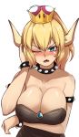  absurdres arm_under_breasts armlet bangs bare_shoulders black_dress blonde_hair blue_eyes blush bowsette bracelet breasts cleavage collar collarbone crown dress fang gem hand_on_own_face highres horns jewelry large_breasts long_hair looking_at_viewer mario_(series) nas_(z666ful) new_super_mario_bros._u_deluxe nose_blush one_eye_closed open_mouth ponytail simple_background spiked_bracelet spiked_collar spikes strapless strapless_dress super_crown super_mario_bros. textless white_background 