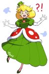  1girl blonde_hair commentary dress earrings elbow_gloves fangs full_body gloves gown green_dress green_eyes green_footwear high_heels jewelry lilirulu looking_at_viewer mario_(series) medium_hair new_super_mario_bros._u_deluxe open_mouth personification piranha_plant princess_peach puffy_short_sleeves puffy_sleeves saliva short_sleeves solo super_crown super_mario_bros. tilted_headwear transparent_background white_gloves 