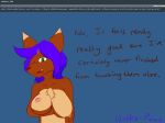  2018 anthro areola arm_under_breasts big_breasts biped breasts canine chest_tuft dialogue digital_media_(artwork) english_text eyebrows eyelashes female fur hair kierra_holt long_hair mammal nipples nude one_eye_closed open_mouth purple_hair signature simple_background solo standing teeth text tongue tuft wolf wolfie-pawz 