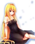  :o black_dress blonde_hair blush breasts collarbone commentary dress eyebrows_visible_through_hair hair_between_eyes konjiki_no_yami long_dress long_hair medium_breasts red_eyes sitting solo spaghetti_strap strap_slip to_love-ru to_love-ru_darkness very_long_hair yanagi_no_ki 