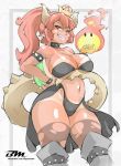  alternate_color bare_shoulders bikini bikini_tan black_bikini bowsette breast_lift breasts clothes collar crown dark_skin fire grey_background grey_legwear grin highres horns ivo_naldo large_breasts looking_at_viewer mario_(series) navel new_super_mario_bros._u_deluxe pointy_ears ponytail red_eyes red_hair shell simple_background sketch smile solo spiked_armlet spiked_collar spikes standing super_crown swimsuit tail tan tanline teeth thighhighs torn_clothes torn_legwear watermark web_address 