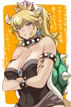  armlet bangs bare_shoulders black_dress black_nails blonde_hair blue_eyes bowsette bracelet breasts cleavage collar commentary_request crossed_arms crown dress earrings gem highres horns jewelry large_breasts long_hair looking_at_viewer mario_(series) nail_polish new_super_mario_bros._u_deluxe parted_lips ponytail spiked_bracelet spiked_collar spikes strapless strapless_dress super_crown super_mario_bros. tail translation_request turtle_shell youhei_(testament) 