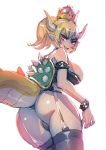  ass bare_shoulders blonde_hair blue_eyes bow_(bhp) bowsette bracelet breasts collar commentary_request crown dragon_tail garter_belt horns jewelry large_breasts mario_(series) new_super_mario_bros._u_deluxe ponytail spiked_bracelet spiked_collar spikes super_crown super_mario_bros. tail thighhighs turtle_shell 