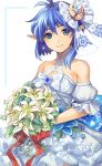  antenna_hair asymmetrical_hair bangs bare_shoulders blue_eyes blue_hair bouquet brown_eyes brown_hair closed_mouth crescent crescent_hair_ornament detached_sleeves dress earrings flower hair_between_eyes hair_ornament holding holding_bouquet jewelry lily_(flower) mzkk_1826 pointy_ears puffy_short_sleeves puffy_sleeves rena_lanford short_hair short_sleeves smile solo star star_earrings star_ocean star_ocean_anamnesis star_ocean_the_second_story wedding_dress white_dress white_flower 