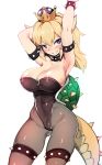  absurdres areola_slip areolae arm_behind_head armlet armpit_crease armpits arms_up ass_visible_through_thighs bangs bare_arms bare_shoulders black_collar black_leotard blonde_hair blue_eyes blush bowsette bracelet breasts bursting_breasts cleavage collar collarbone commentary_request covered_navel covered_nipples cowboy_shot crown eyebrows_visible_through_hair eyelashes forked_eyebrows grey_legwear grin hair_between_eyes harigane_shinshi highleg highleg_leotard highres hips horns jewelry large_breasts leotard lizard_tail long_hair looking_at_viewer mario_(series) narrow_waist new_super_mario_bros._u_deluxe pantyhose parted_bangs ponytail sharp_teeth shiny shiny_clothes shiny_hair shiny_skin sideboob sidelocks sideways_glance skin_tight skindentation slender_waist slit_pupils smile solo spiked_armlet spiked_bracelet spiked_collar spiked_shell spiked_thighlet spikes standing strapless strapless_leotard super_crown tail taut_clothes teeth thick_eyebrows thighlet thighs tsurime turtle_shell white_pupils wide_hips 
