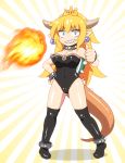  anklet ass_visible_through_thighs bangs bare_arms bare_shoulders black_collar black_legwear blonde_hair blue_eyes blush_stickers bowsette breasts cleavage collar commentary constricted_pupils covered_navel crown earrings eyebrows_visible_through_hair fireball full_body hair_between_eyes horns jewelry large_breasts leotard long_hair mario_(series) mini_crown new_super_mario_bros._u_deluxe no_nose no_shoes pointy_ears shadow shiny shiny_clothes shiny_skin shirosato slit_pupils solo spiked_anklet spiked_collar spiked_shell spikes standing strapless strapless_leotard sunburst super_crown tail thick_eyebrows thighhighs thighs thumbs_up white_background yellow_background 