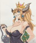  ;d ball_and_chain blonde_hair blue_eyes bowsette bracelet breasts brooch collar collarbone commentary crown earrings eyebrows_visible_through_hair hair_between_eyes hand_on_hip high_ponytail highres horns jewelry large_breasts mario_(series) meme50 new_super_mario_bros._u_deluxe one_eye_closed open_mouth signature simple_background smile solo spiked_bracelet spiked_collar spikes strapless super_crown turtle_shell upper_body 