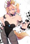  armlet armpits bangs bare_shoulders black_leotard black_nails blonde_hair blue_eyes blush bowsette bracelet breasts collar collarbone come_hither commentary contrapposto covered_navel cowboy_shot crown earrings eyebrows_visible_through_hair fingernails foreshortening gem grey_legwear head_tilt high_ponytail highleg highleg_leotard highres hips horns jewelry large_breasts leaning_to_the_side leotard licking_lips lizard_tail long_fingernails looking_at_viewer mario_(series) medium_hair nail_polish naughty_face new_super_mario_bros._u_deluxe open_mouth outstretched_hand paint_splatter pantyhose parted_bangs pochi_(pochi-goya) pointy_ears ponytail saliva sapphire_(stone) scales sharp_teeth short_pointy_ears sideboob sidelocks signature smile solo spiked_armlet spiked_bracelet spiked_collar spiked_shell spiked_tail spikes standing strapless strapless_leotard super_crown tail teeth thick_eyebrows thighband_pantyhose tongue tongue_out turtle_shell white_background 