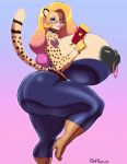  anthro betsibi big_breasts big_butt breasts butt carmelita_fox_(cosplay) cheetah clothed clothing cosplay eyewear feline female glasses huge_breasts huge_butt hyper hyper_breasts looking_at_viewer makeup mammal nipple_bulge plankboy sly_cooper_(series) smile solo standing thick_thighs tight_clothing video_games voluptuous 