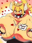  blonde_hair bowser bowsette breast_squish breasts crown fang fist genderswap giantess giga_bowser gigantic_breasts grin heart horns mario mario_(series) nintendo shouting smile spikes squarewave super_smash_bros. thick_eyebrows 