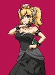  armband athenawyrm bare_shoulders black_dress blonde_hair blue_eyes bowsette bracelet choker collar commentary crown dress earrings fang fang_out fingernails hand_on_hip hand_on_own_chin horns jewelry looking_at_viewer mario_(series) new_super_mario_bros._u_deluxe ojou-sama_pose pointy_ears ponytail red_background ring sharp_fingernails simple_background solo spiked_armlet spiked_bracelet spiked_collar spikes standing strapless strapless_dress super_crown turtle_shell 