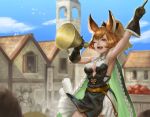  animal_ears bare_shoulders bell blue_sky breasts brown_eyes brown_hair capelet church church_bell cleavage cleavage_cutout cloak cloud commentary_request day fang gloves granblue_fantasy high_ponytail karteira medium_breasts one_eye_closed scotishfold sky solo_focus steeple 