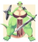  1girl breasts brown_eyes lizard murasuke nipples open_mouth shield solo sword weapon 