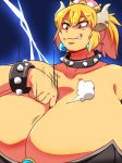  between_breasts blonde_hair bowser bowsette bracelet breast_hold breasts collar crown dramatic_effect fang genderswap giantess giga_bowser gigantic_breasts grin horns jewelry lightning mario mario_(series) nintendo smile spikes squarewave 