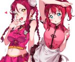  :o alternate_hairstyle apron arm_on_head arm_up baozi belly blue_eyes blush braid chinese_clothes double_bun earrings eating food food_on_face hair_ornament hairclip heart highres holding holding_food jewelry kurosawa_ruby long_hair looking_at_viewer love_live! love_live!_sunshine!! midriff multiple_girls navel notice_lines pink_shirt pink_skirt red_hair sakurauchi_riko shirt sidelocks simple_background skirt tem10 twin_braids two_side_up waist_apron white_background yellow_eyes 