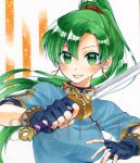  black_gloves blue_dress breasts dress earrings fingerless_gloves fire_emblem fire_emblem:_rekka_no_ken gloves green_eyes green_hair jewelry katana long_hair looking_at_viewer lyndis_(fire_emblem) medium_breasts parune_chigetsu ponytail sample short_sleeves smile solo sword traditional_media upper_body weapon 