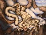  2018 5_fingers anthro areola blue_eyes breasts feline female leopard looking_at_viewer lying mammal nipples nude on_back snow_leopard solo teiirka traditional_media_(artwork) 