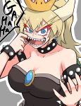  bare_shoulders blonde_hair blue_eyes bowsette bracelet breasts cleavage collar collarbone commentary_request crazy_eyes crown earrings eyebrows forked_eyebrows grey_background highres horns jewelry large_breasts laughing looking_at_viewer mario_(series) new_super_mario_bros._u_deluxe nuka_cola06 open_mouth ponytail simple_background solo spiked_bracelet spiked_collar spikes super_crown teeth 