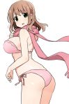  ass bangs bare_arms bare_shoulders bikini blush breasts brown_hair colored_eyelashes cowboy_shot eyebrows_visible_through_hair fringe_trim from_side green_eyes hair_between_eyes hand_up head_tilt large_breasts long_hair looking_at_viewer looking_to_the_side matsumi_yuu parted_lips pink_bikini pink_scarf saki saki_achiga-hen scarf shisoneri side-tie_bikini simple_background solo sweat swimsuit trembling white_background 