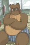  anthro bed belly canine clothing male mammal navel overweight overweight_male sitting solo tanuki underwear unknown_artist 